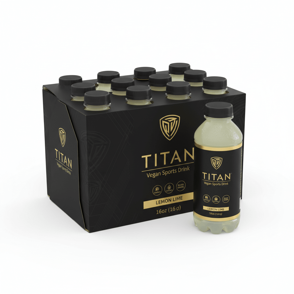 12-pack of TITAN Vegan Sports Drink, Lemon Lime flavor, in black packaging with gold logo and lettering.