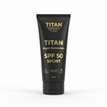 Black TITAN Sport Global 4oz sunscreen tube with gold text, branding, and SPF 50 labels on a white background.