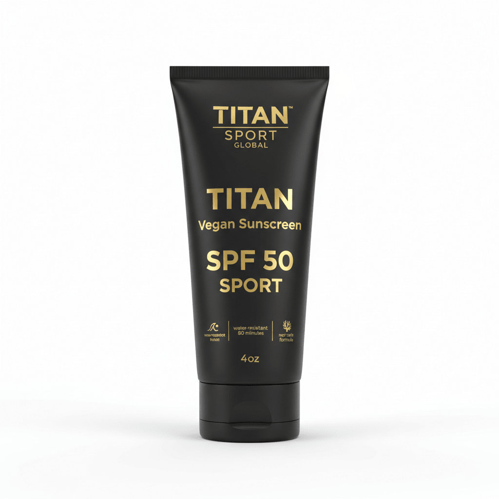 Black TITAN Sport Global 4oz sunscreen tube with gold text, branding, and SPF 50 labels on a white background.