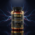 TITAN Vegan Vitamin B12 bottle with black and gold label, red tablets, and neon electrical energy background.