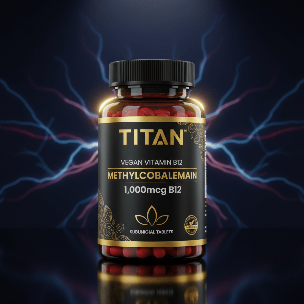 TITAN Vegan Vitamin B12 bottle with black and gold label, red tablets, and neon electrical energy background.