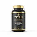 Black supplement bottle with gold lid and label, featuring TITAN logo, "Vegan Vitamin D3 5000 IU," and health icons.