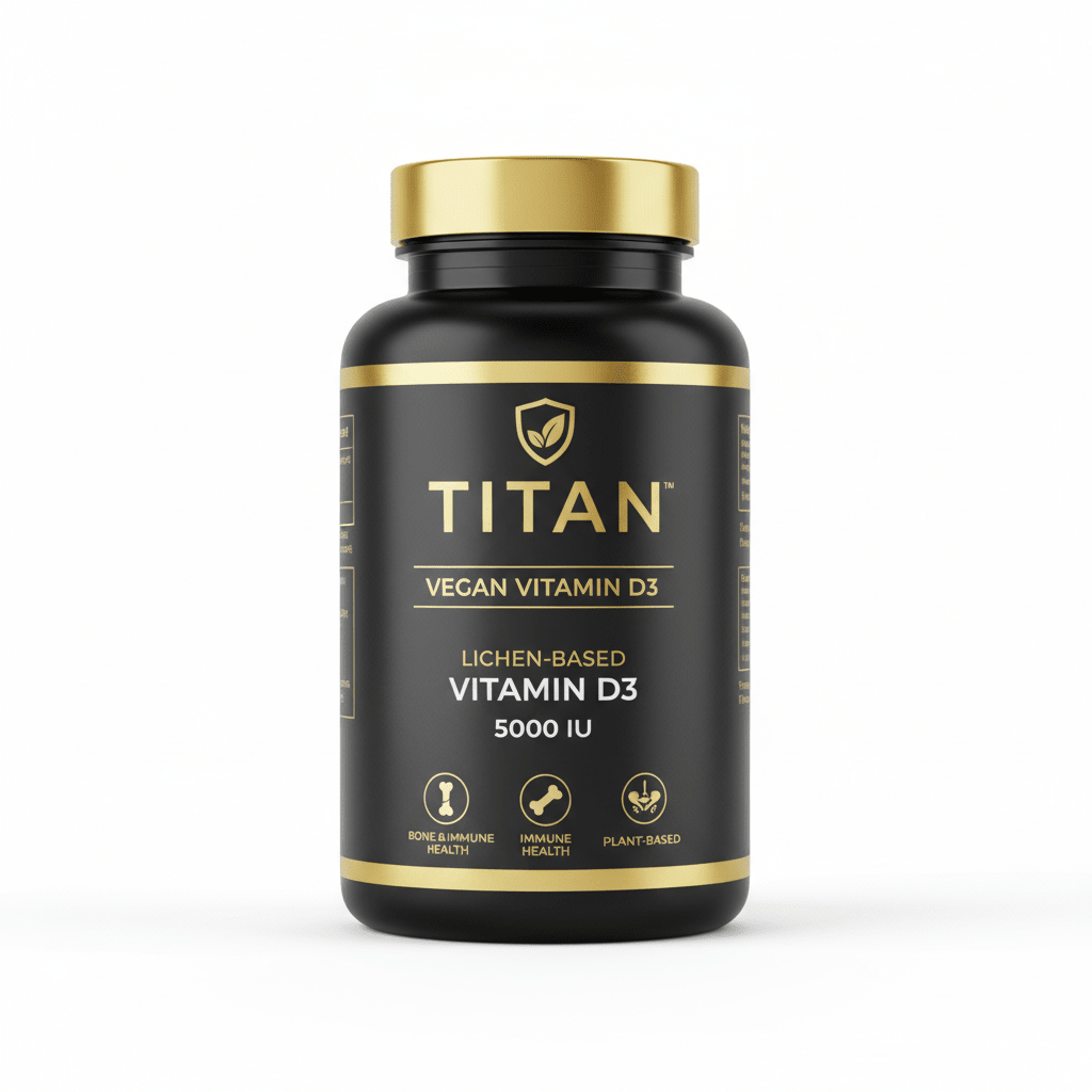 Black supplement bottle with gold lid and label, featuring TITAN logo, "Vegan Vitamin D3 5000 IU," and health icons.