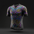 TITAN VeloCore cycling jersey in black with ornate purple, blue, and gold bike and crown filigree patterns.