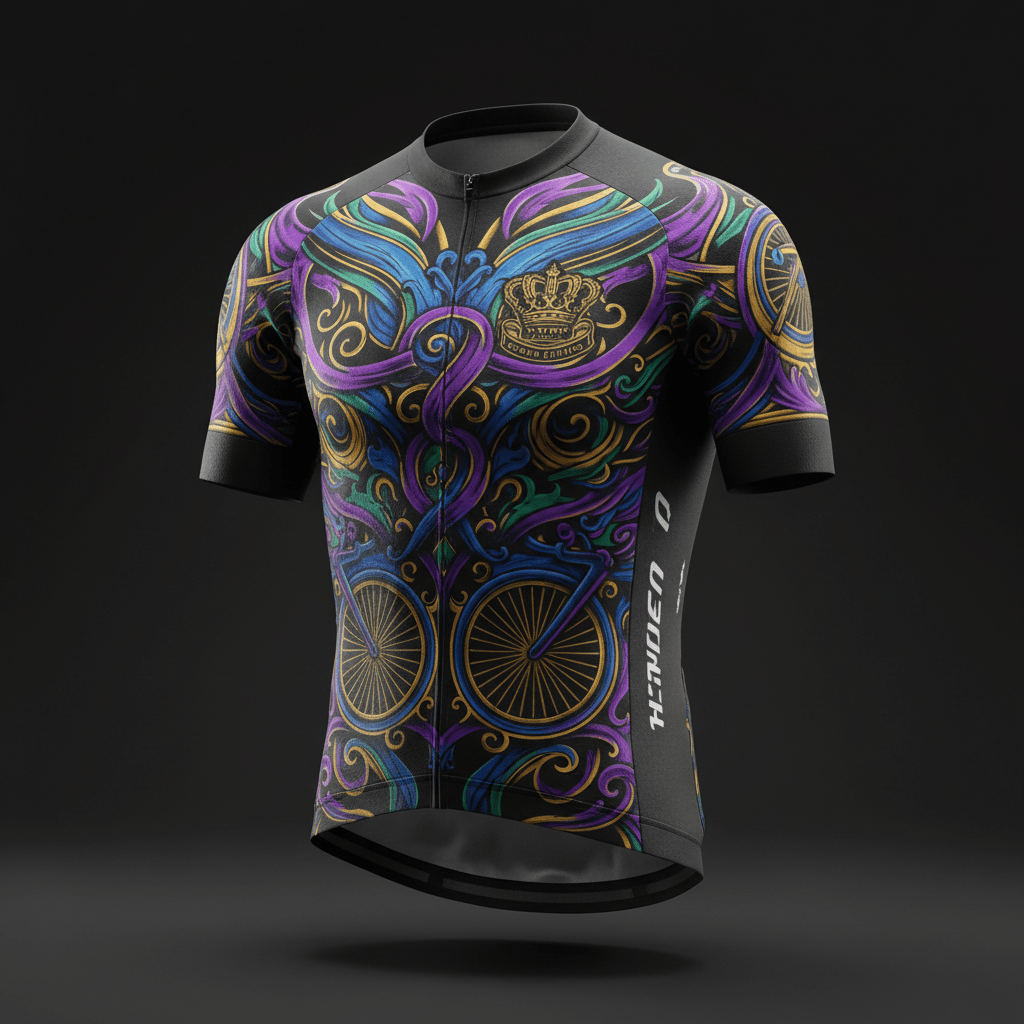 TITAN VeloCore cycling jersey in black with ornate purple, blue, and gold bike and crown filigree patterns.