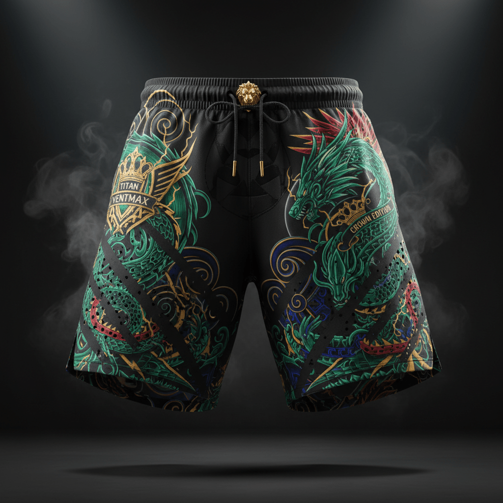 Black Titan VentMax training shorts with laser-cut ventilation, green dragon graphics, and gold lion drawstring ends.