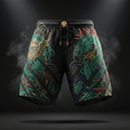 Black Titan VentMax training shorts with laser-cut ventilation, green dragon graphics, and gold lion drawstring ends.