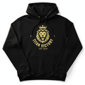 Black hoodie with gold drawstrings featuring a metallic gold lion logo, "TITAN VICTORY" text, and "EST. 2024" graphic.