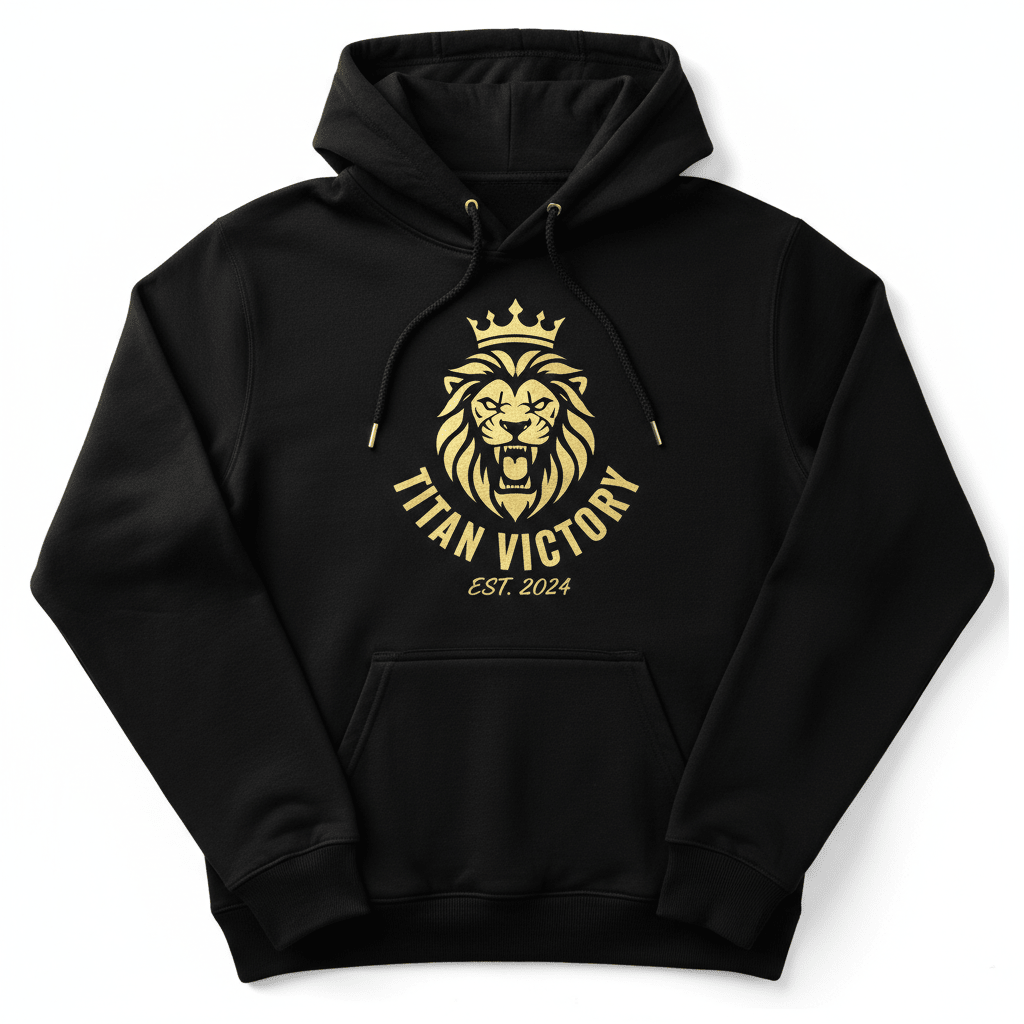 Black hoodie with gold drawstrings featuring a metallic gold lion logo, "TITAN VICTORY" text, and "EST. 2024" graphic.