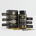 Black and gold TITAN Vitamin D3 + K2 bottle and box with benefit labels and scattered gold capsules on white background.
