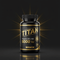 Black bottle of TITAN Vitamin D3 + K2 5000 IU with gold lettering and sun icon, glowing against a dark background.