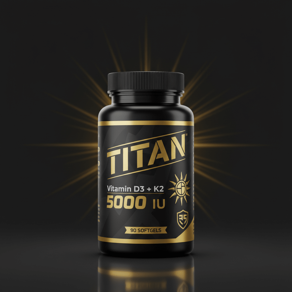 Black bottle of TITAN Vitamin D3 + K2 5000 IU with gold lettering and sun icon, glowing against a dark background.