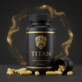 Black bottle of TITAN Vitamin D3 + K2 with gold logo, text, and yellow capsules on a dark background with gold aura.