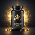 Black bottle of TITAN Vitamin D3 5000 IU with gold crown logo, surrounded by golden capsules and radiant light bursts.