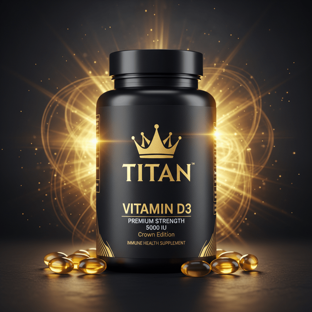 Black bottle of TITAN Vitamin D3 5000 IU with gold crown logo, surrounded by golden capsules and radiant light bursts.