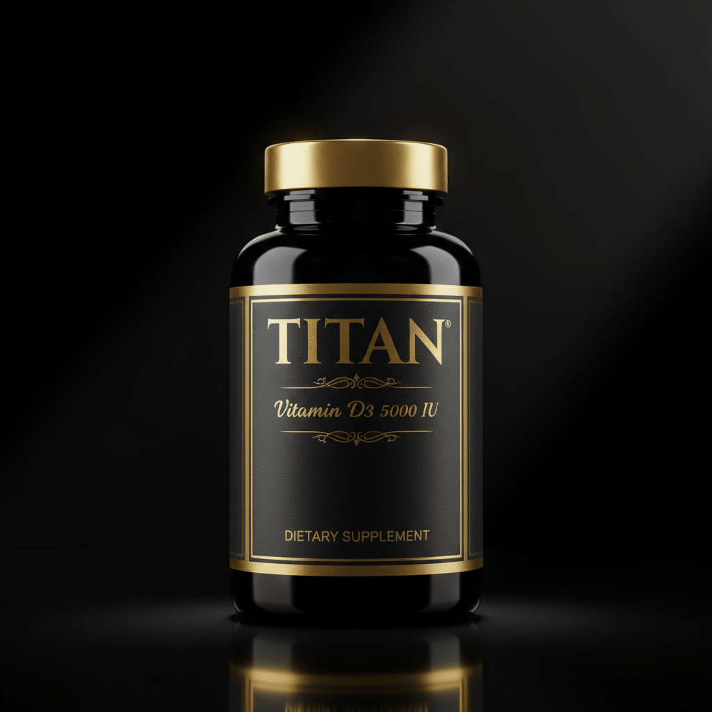Black bottle of TITAN Vitamin D3 5000 IU with a gold cap and elegant gold text, set against a dark background.