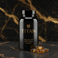 Black bottle of TITAN Vitamin D3 softgels with gold branding, set on a black marble surface with gold veining.