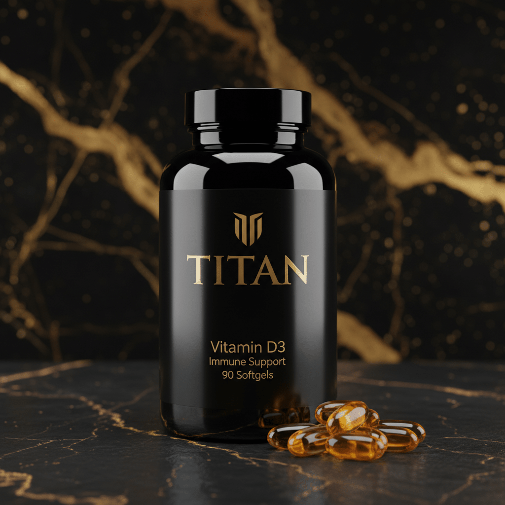 Black bottle of TITAN Vitamin D3 softgels with gold branding, set on a black marble surface with gold veining.
