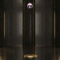 TITAN Volleyball Spike Trainer Vol. 2: A red, white, and blue ball on a black adjustable pole with a gold crown base.