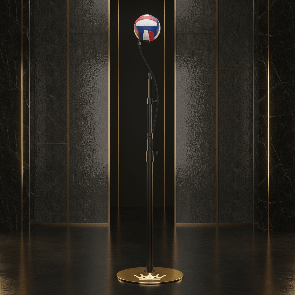 TITAN Volleyball Spike Trainer Vol. 2: A red, white, and blue ball on a black adjustable pole with a gold crown base.