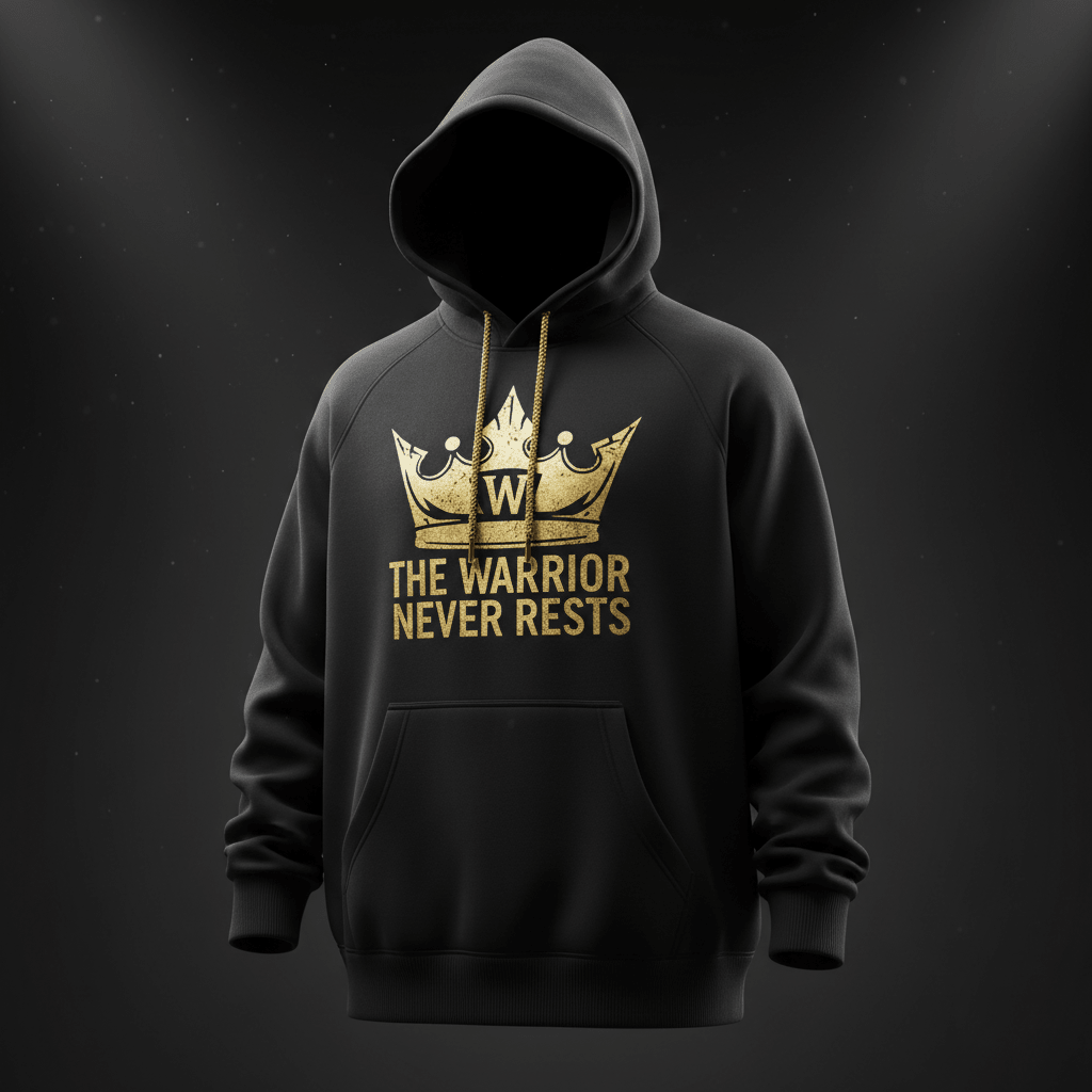 Black hoodie featuring a gold "The Warrior Never Rests" text and crown graphic. Titan Sport Global motivational apparel.