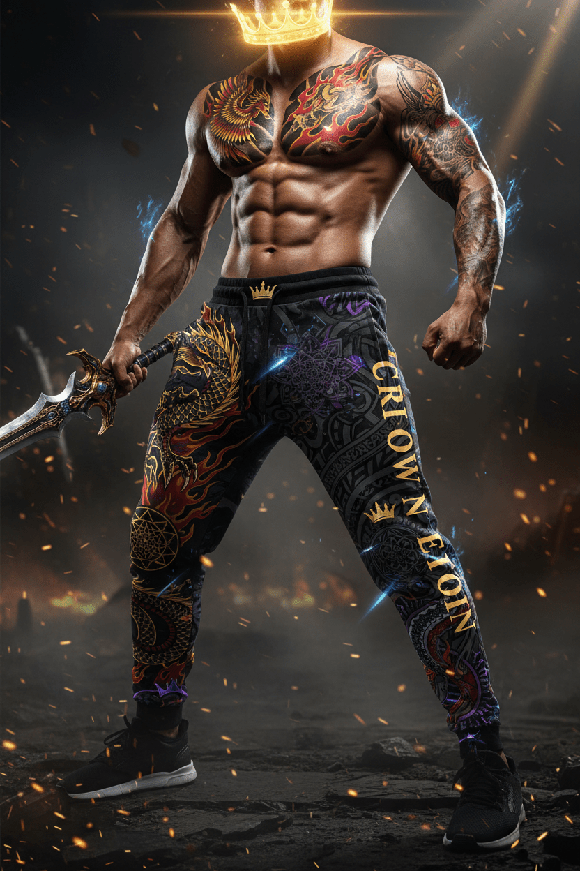 Titan Sport joggers featuring gold dragon, tribal prints, and "Crown" lettering to embody a powerful, royal aesthetic.