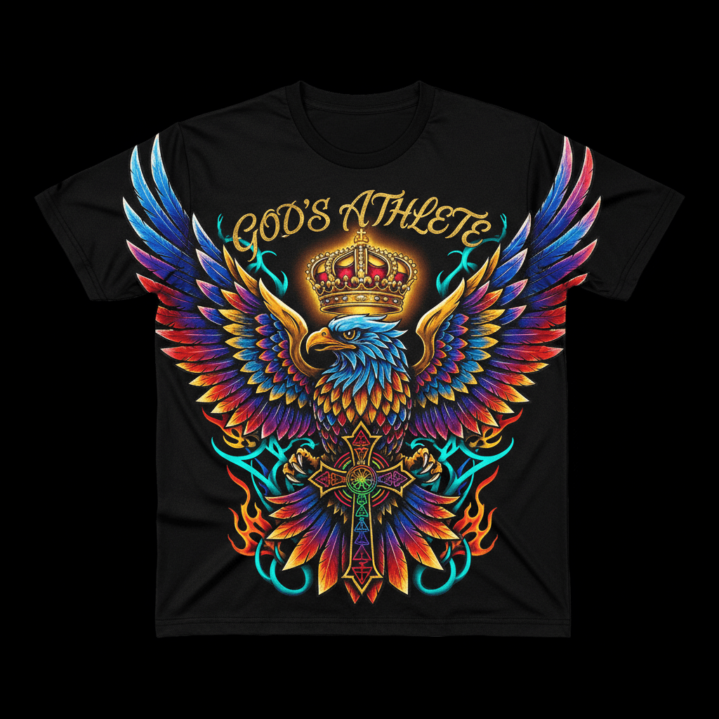 Titan Sport black tee featuring a colorful eagle with crown and cross, text "God's Athlete," and vibrant wing art.