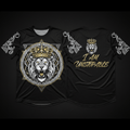 Black TITAN Warrior tee featuring a gold crown lion graphic and "I Am Unstoppable" text with white filigree sleeves.
