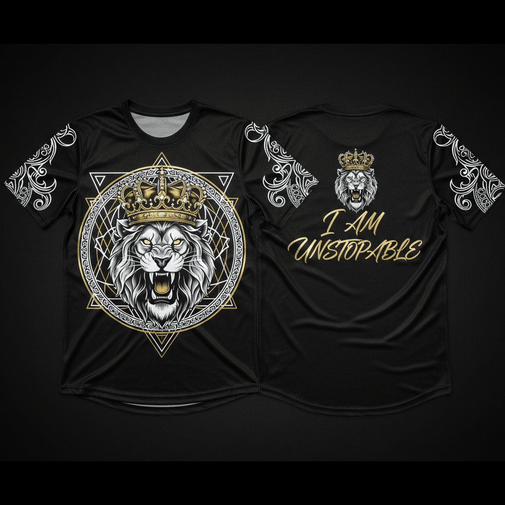 Black TITAN Warrior tee featuring a gold crown lion graphic and "I Am Unstoppable" text with white filigree sleeves.