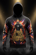 Black hoodie with a knight graphic, lightning background, and the motivational text: "I train so they cannot stop me."