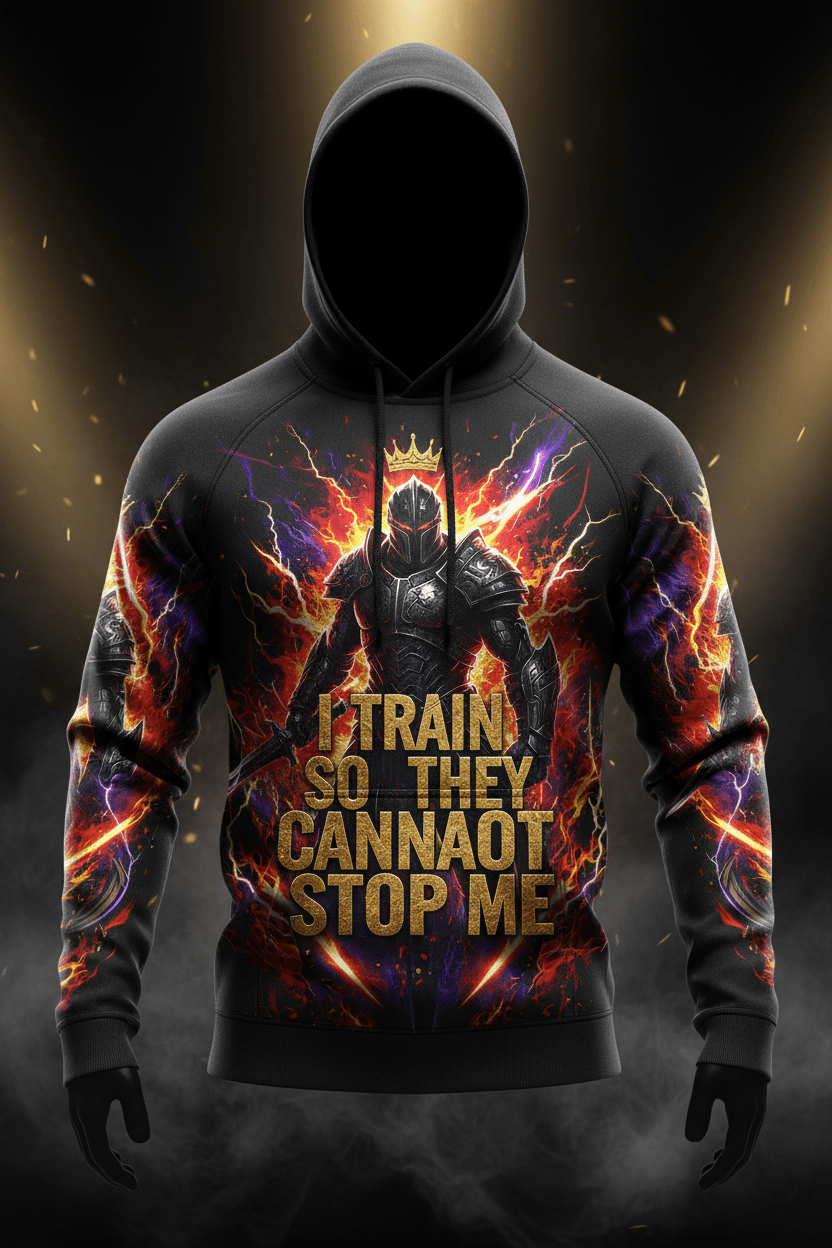 Black hoodie with a knight graphic, lightning background, and the motivational text: "I train so they cannot stop me."