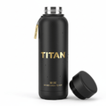 Matte black 32oz insulated TITAN water bottle with gold branding, condensation droplets, and a removed black screw cap.