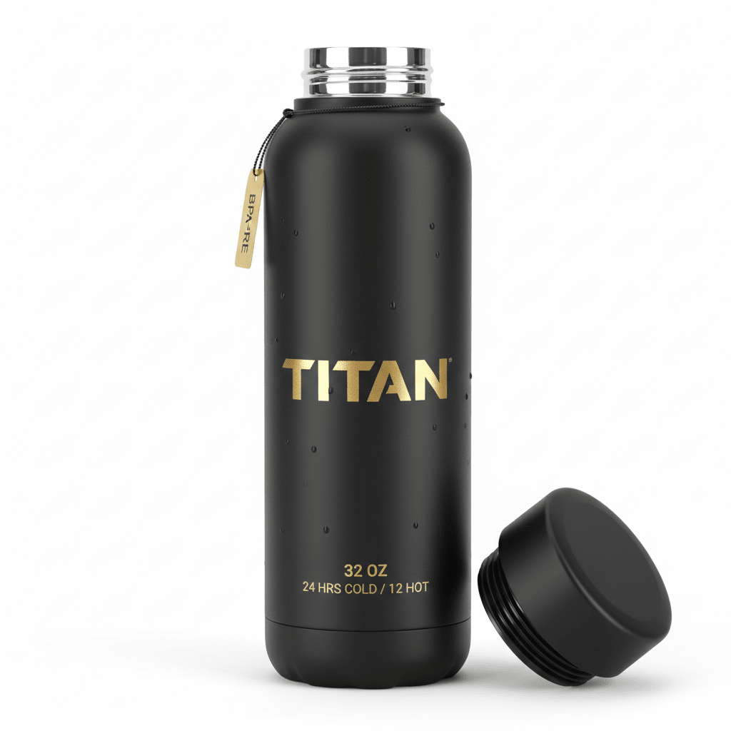 Matte black 32oz insulated TITAN water bottle with gold branding, condensation droplets, and a removed black screw cap.