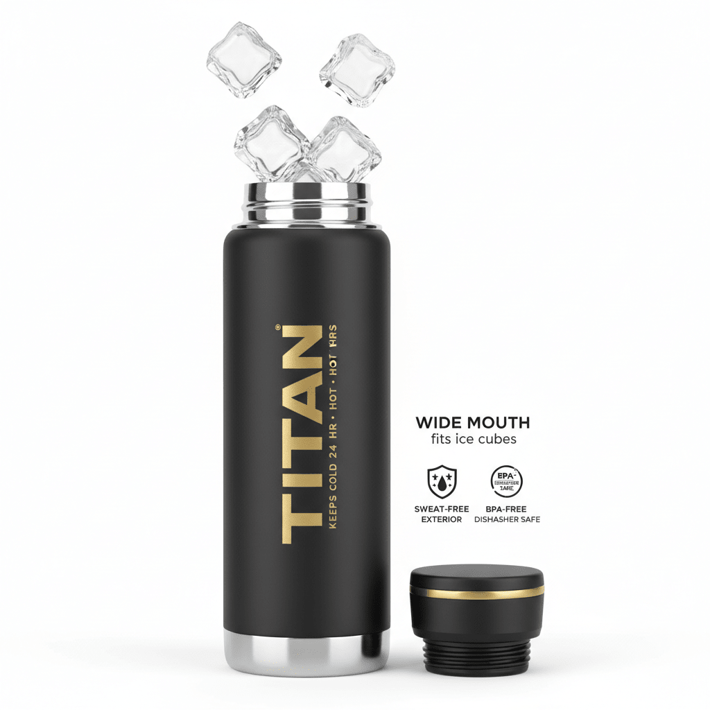 32oz black insulated TITAN water bottle with gold logo and matching lid, ice cubes floating above, white background.