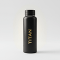 Matte black 32oz stainless steel wide-mouth water bottle with vertical gold "TITAN" logo and black cap.