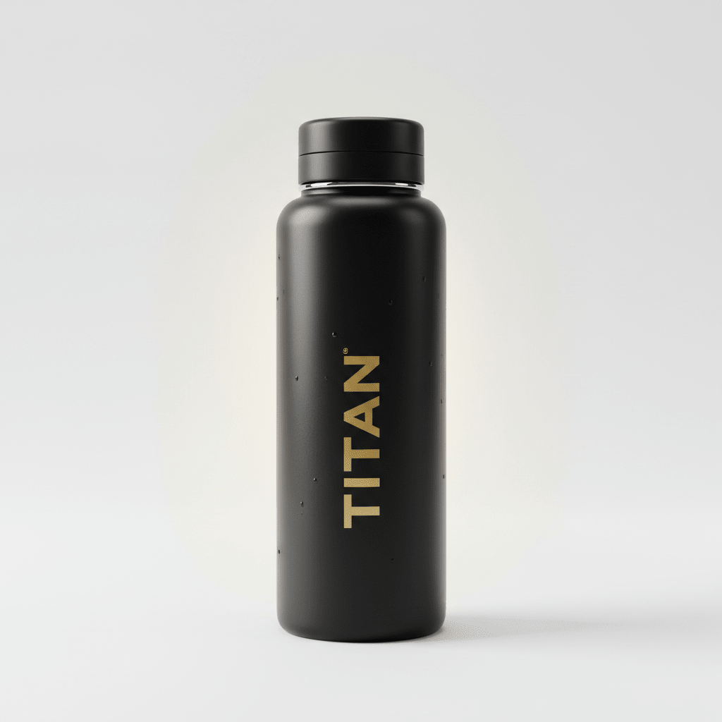 Matte black 32oz stainless steel wide-mouth water bottle with vertical gold "TITAN" logo and black cap.