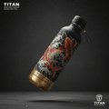 Matte black 32oz stainless steel water bottle with red koi and wave art, gold base, and "CROWN EDITION" text.