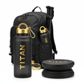 Matte black TITAN silicone water bottles with gold caps, carabiners, and logo, shown expanded and collapsed with gear.