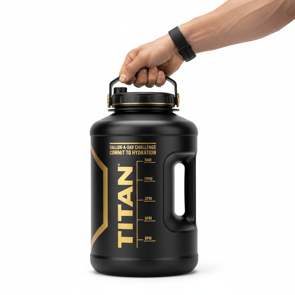 Matte black 128oz TITAN gallon jug with gold branding and hydration time markers, held by a hand on a white background.