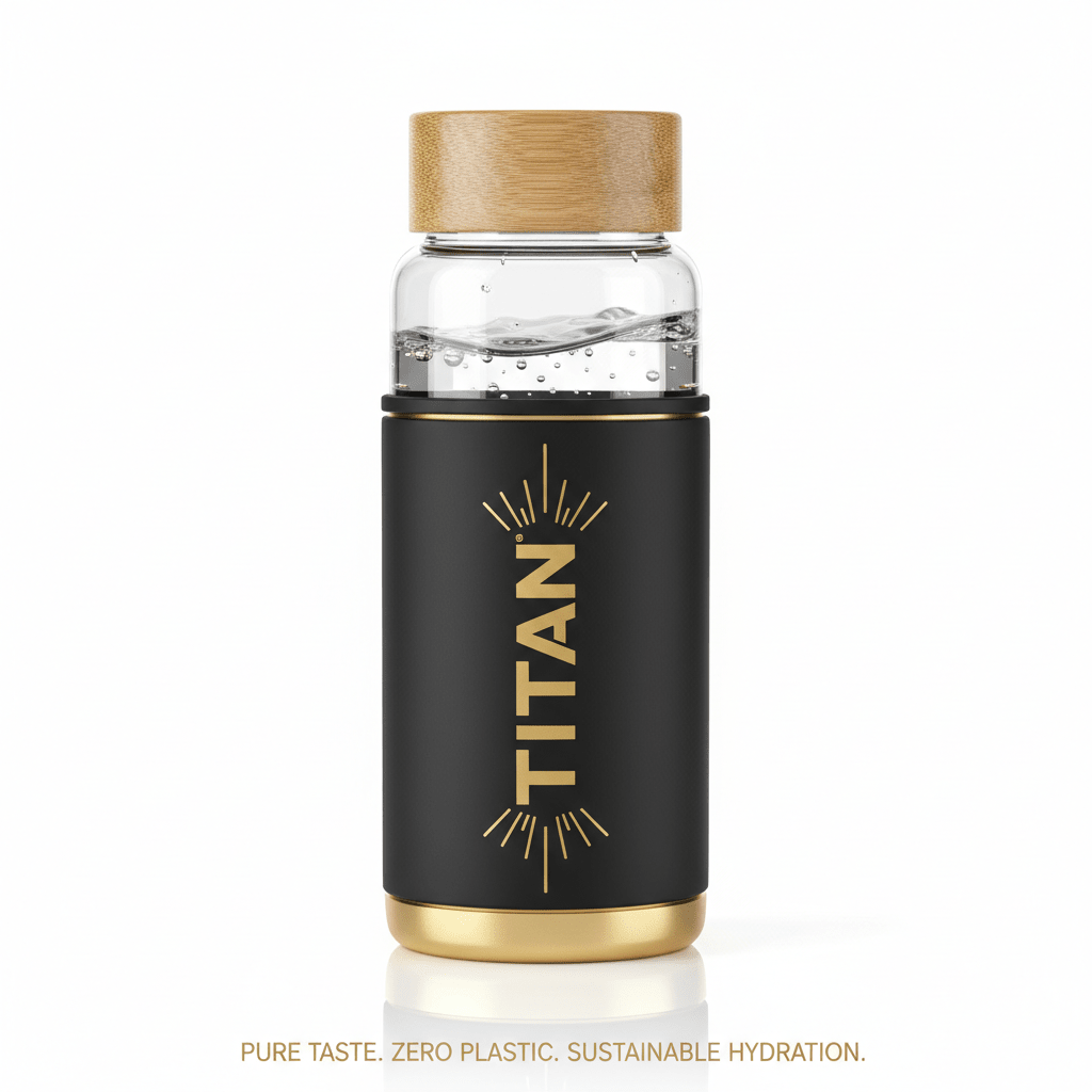 TITAN 22oz glass water bottle with bamboo lid, black silicone sleeve, gold logo, and gold base.