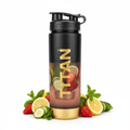 Black 28oz TITAN infuser bottle with gold logo and base, filled with water, strawberries, lemon, and cucumbers.
