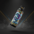 TITAN 32oz matte black water bottle with ornate gold, teal, and purple wave and crystal graphic, featuring a logo cap.