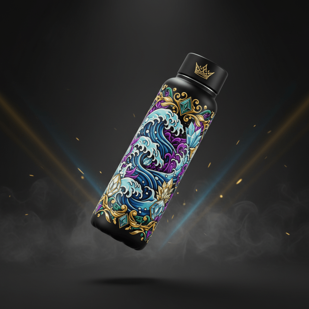 TITAN 32oz matte black water bottle with ornate gold, teal, and purple wave and crystal graphic, featuring a logo cap.