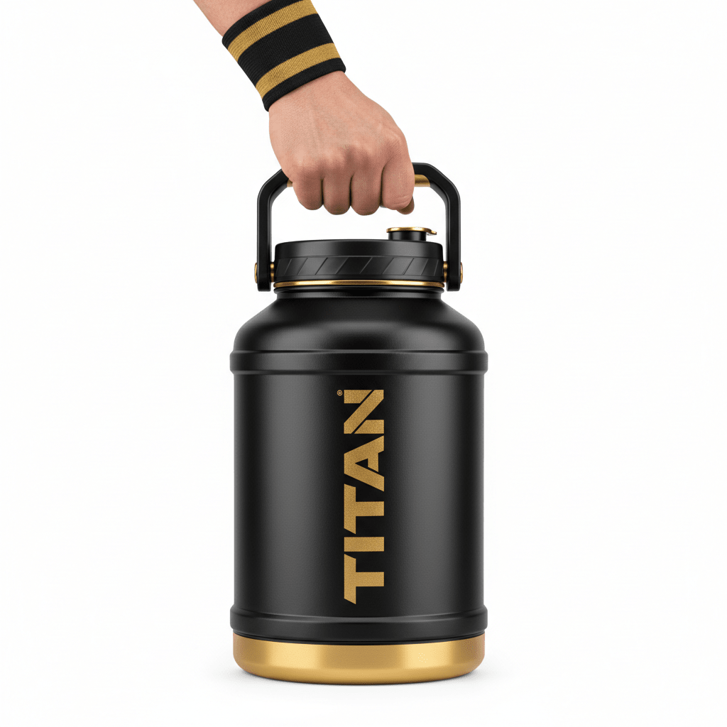 Hand holding a matte black 64oz TITAN insulated water jug with metallic gold base, logo, and handle accents.