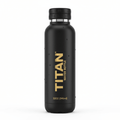 Matte black 32oz TITAN insulated stainless steel water bottle with gold branding and a textured black screw-on cap.