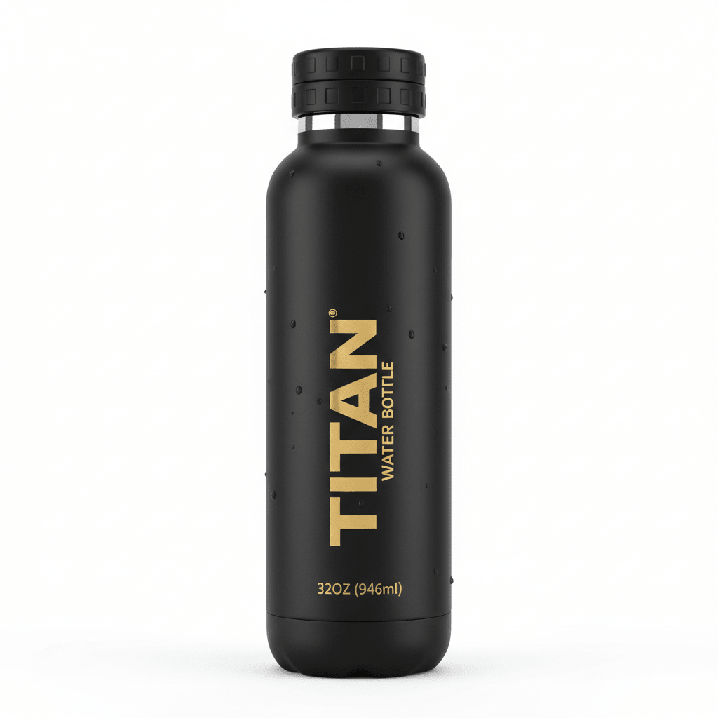 Matte black 32oz TITAN insulated stainless steel water bottle with gold branding and a textured black screw-on cap.