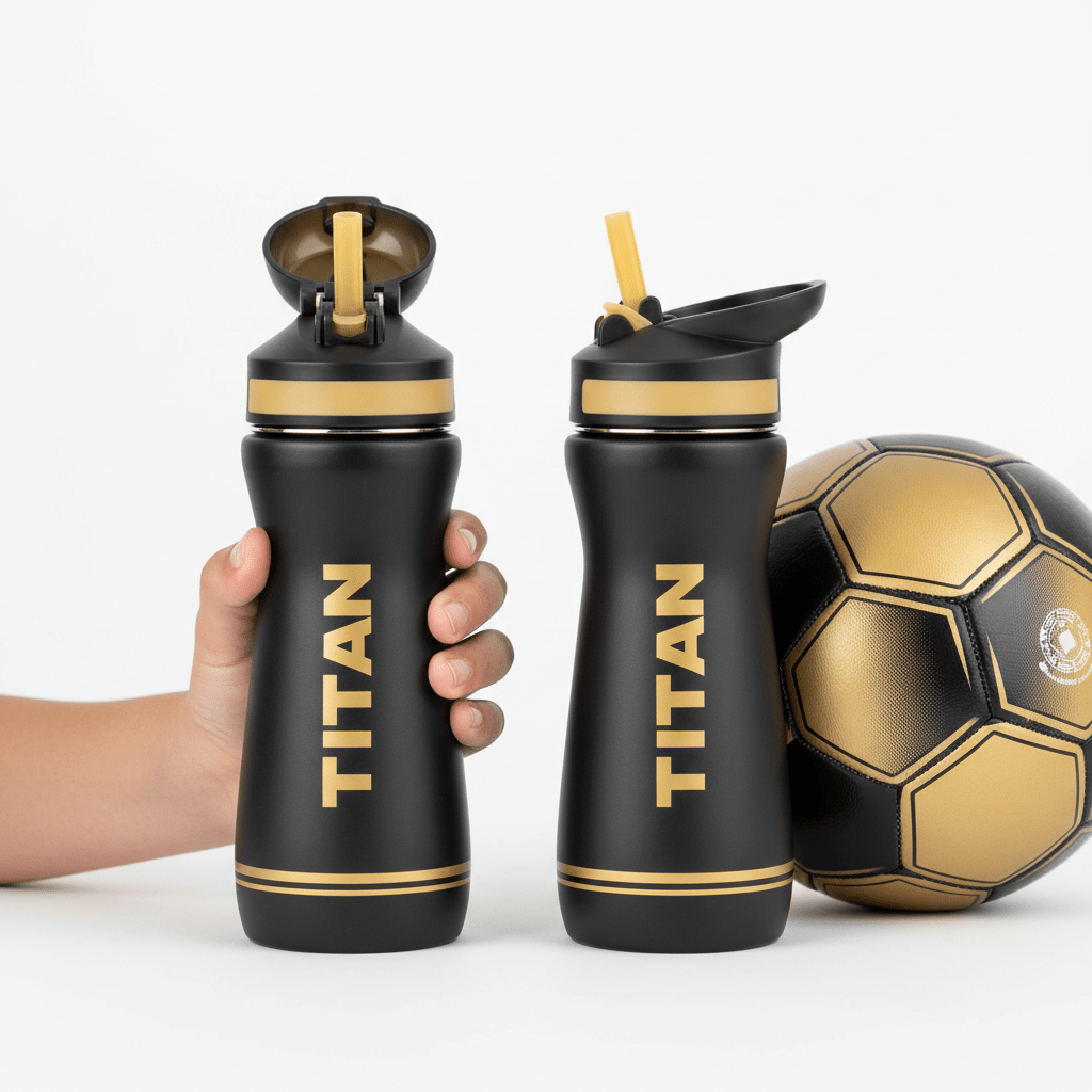 Two matte black TITAN 16oz kids' water bottles with gold branding, straw lids, and a matching black-gold soccer ball.