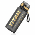 Matte black 32oz TITAN water bottle with gold motivational time markers, straw lid, and a black carrying strap.