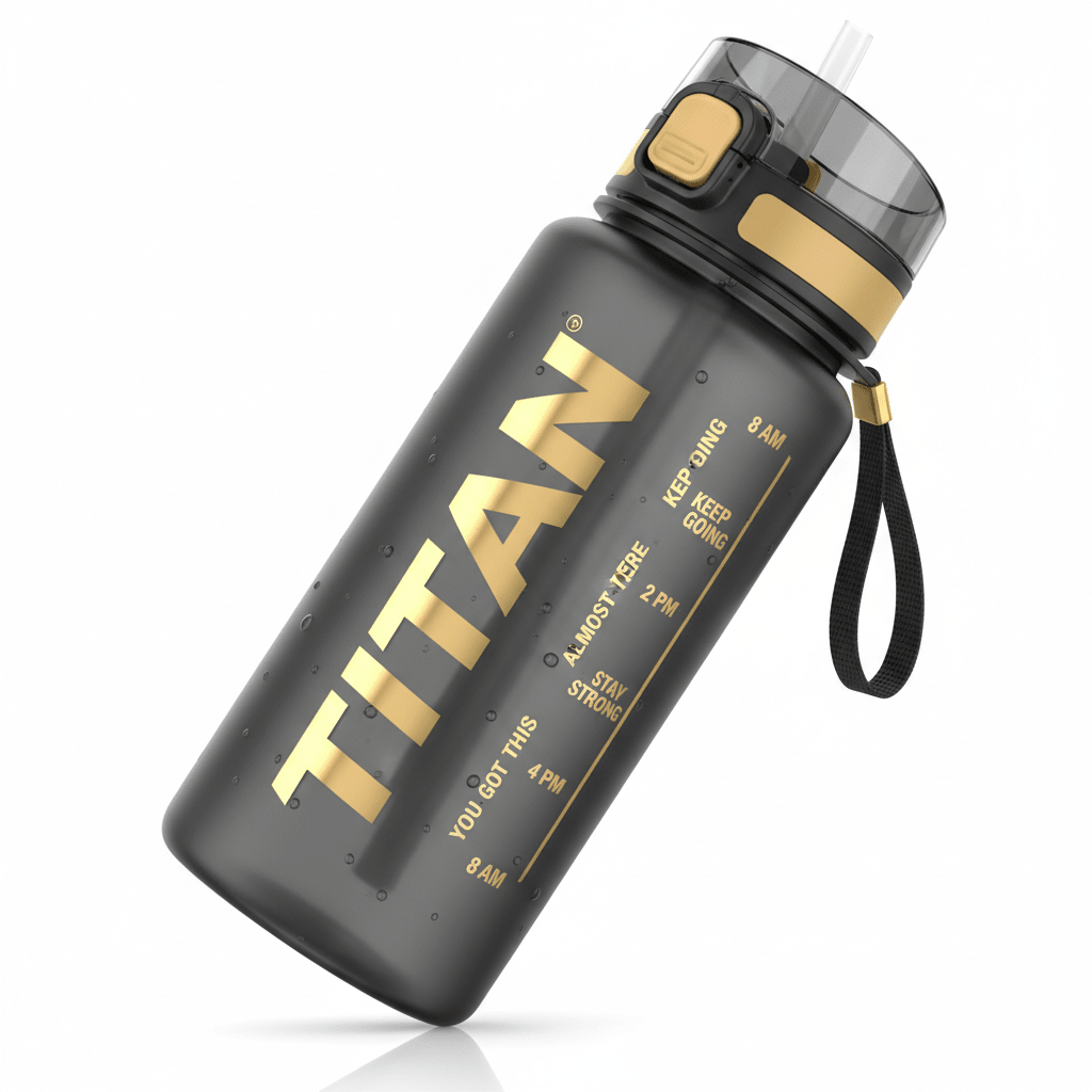 Matte black 32oz TITAN water bottle with gold motivational time markers, straw lid, and a black carrying strap.