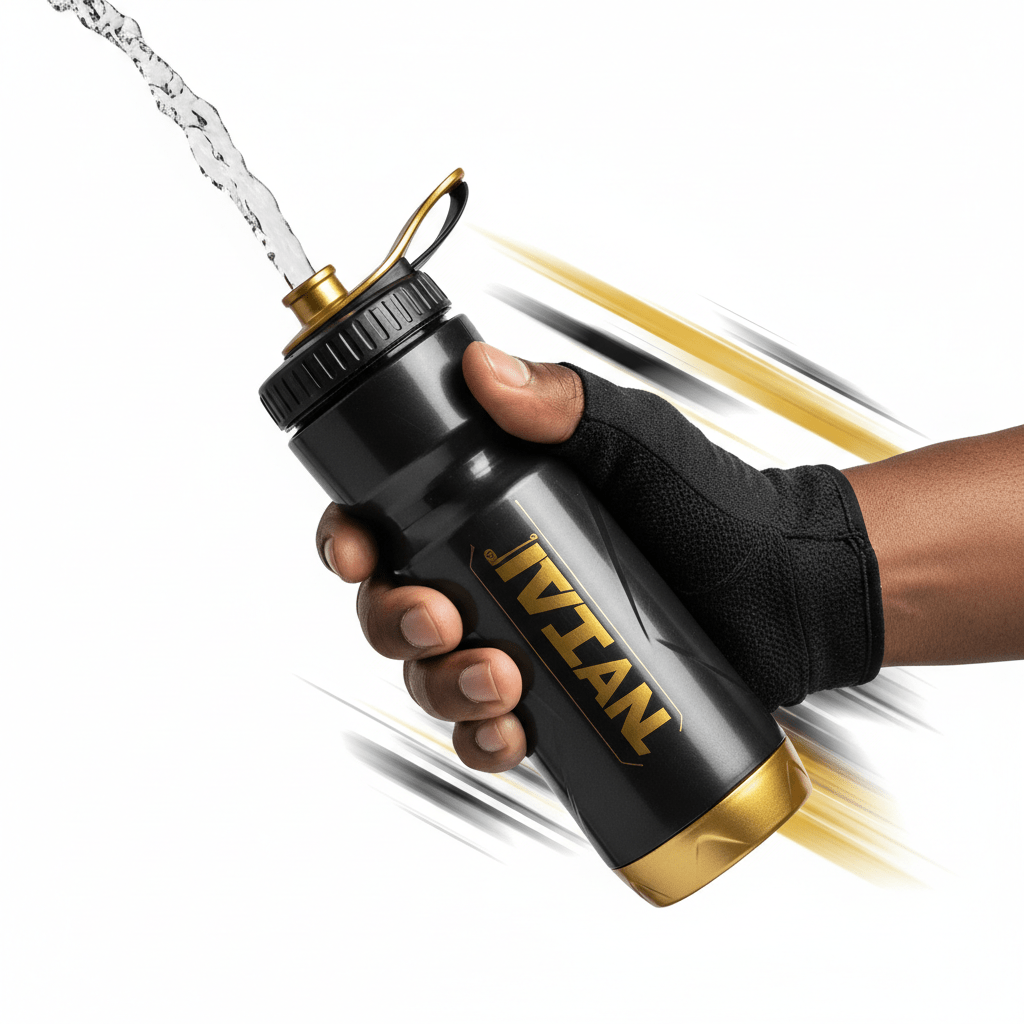 Black and gold TITAN sport squeeze bottle held in a gloved hand with water spraying from the nozzle.